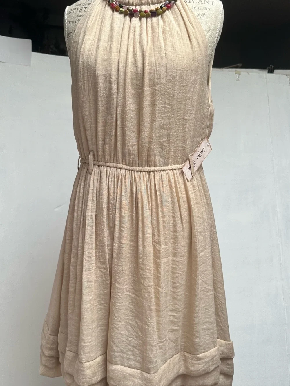 NEW Indigo Rose Dress Halter Taupe/Tan Knee Length Pleated Belted LARGE NWT